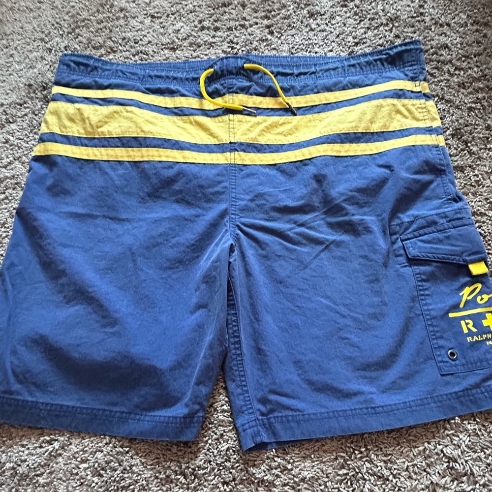 Vintage men’s Polo by Ralph Lauren swim trunks. Blue/yellow with lining.